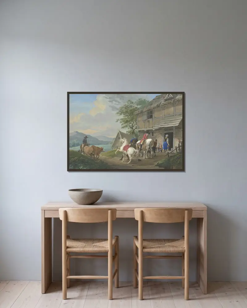 Zwei Reiter mit einem Packpferd halten vor einem Bauernhaus av Johann Georg Pforr inramad på en vägg