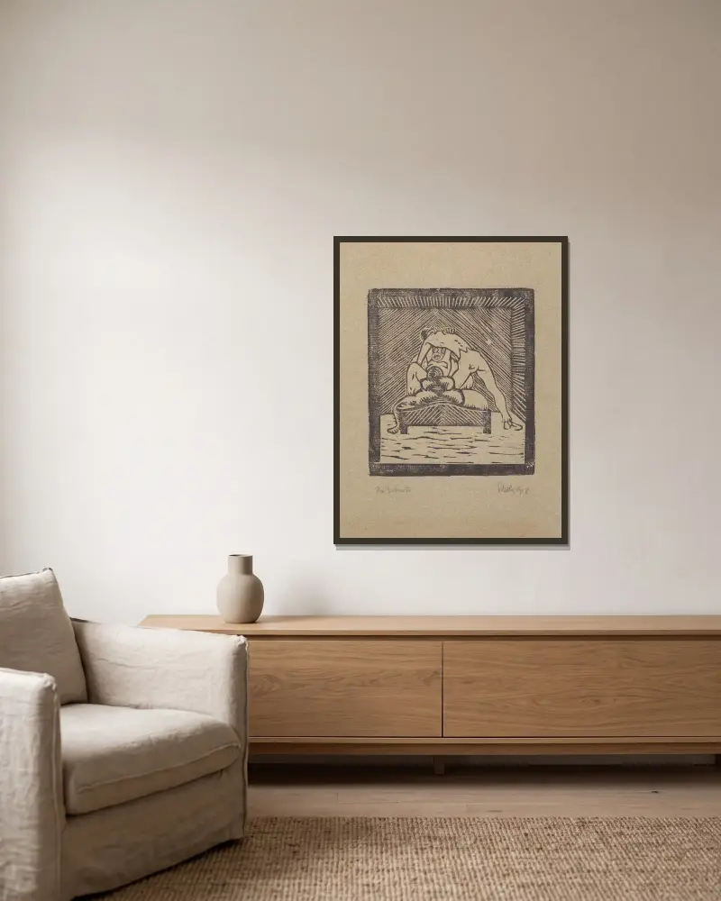 Die Geburt von Georg Scholz gerahmt an einer Wand