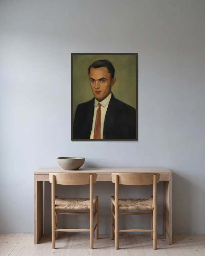 Porträt Erwin Hildinger von Georg Scholz gerahmt an einer Wand