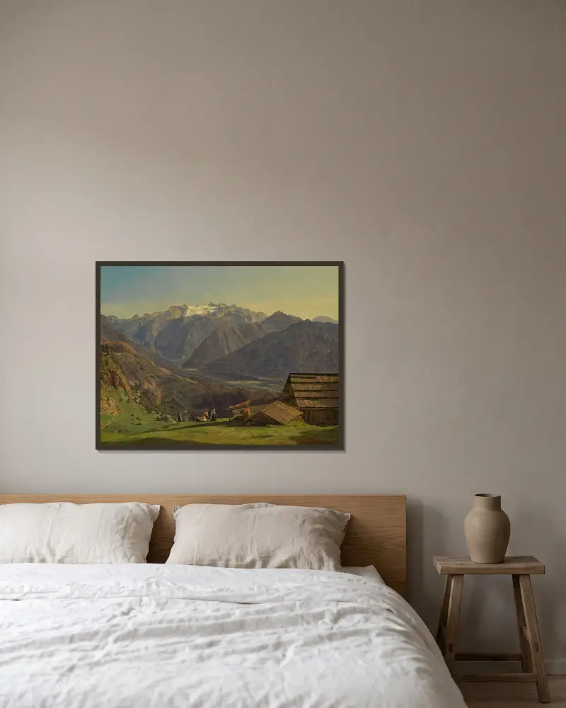 Utsikt över Dachstein med Hallstättersee från Hütteneckalpe vid Ischl av Ferdinand Georg Waldmüller inramad på en vägg