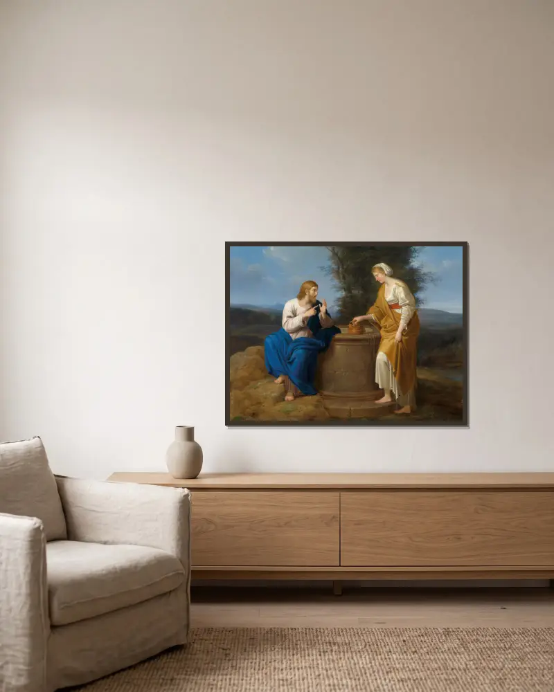 Christ And The Samaritan Woman av Ferdinand Georg Waldmüller inramad på en vägg