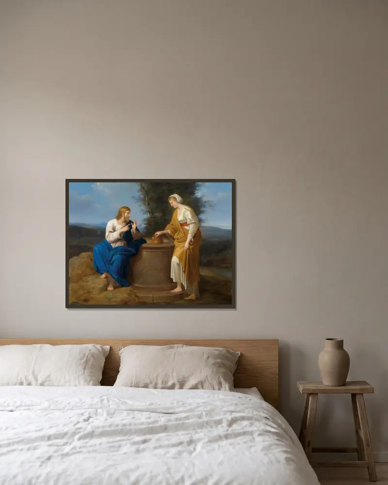 Christ And The Samaritan Woman av Ferdinand Georg Waldmüller inramad på en vägg