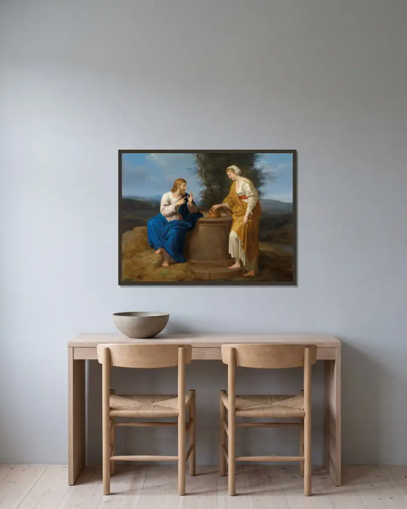 Christ And The Samaritan Woman av Ferdinand Georg Waldmüller inramad på en vägg