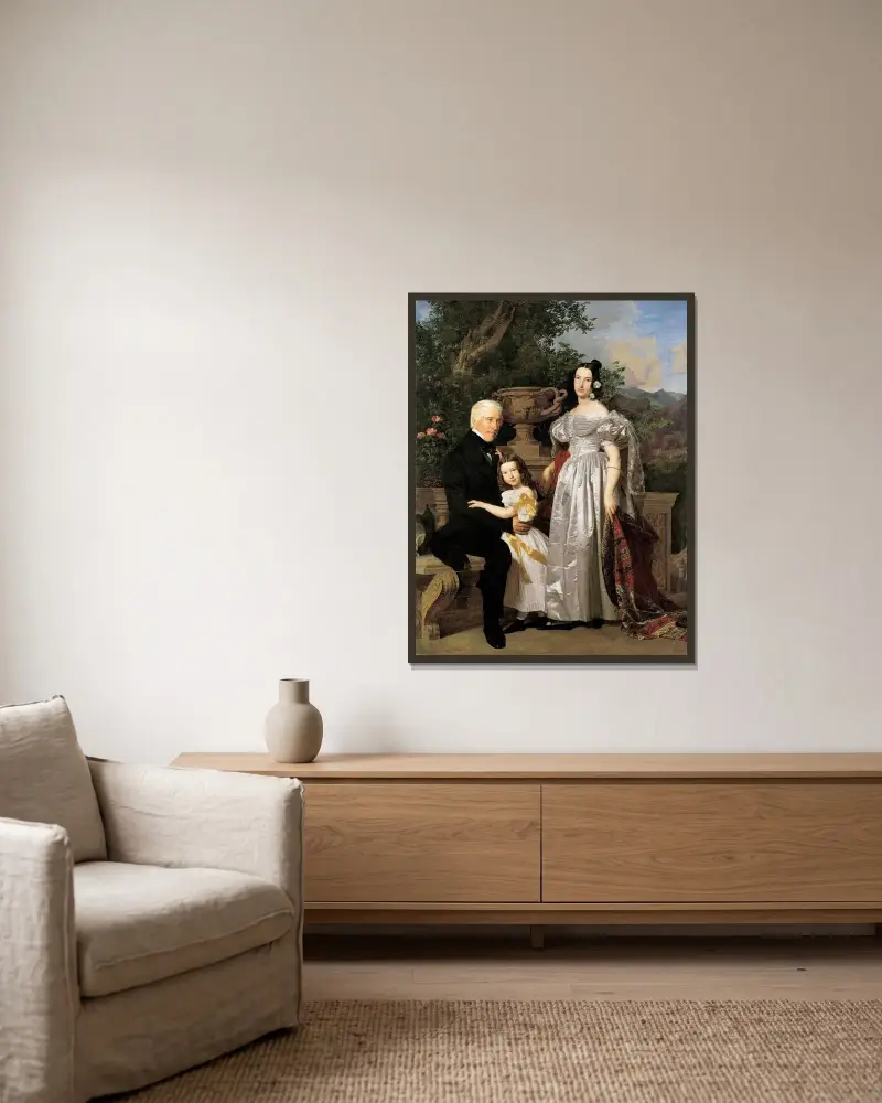 Der fürstlich Esterházy’sche Rat Mathias Kerzmann mit seiner zweiten Gattin Maria Helena, geb. Mikolischütz, und Tochter Maria av Ferdinand Georg Waldmüller inramad på en vägg