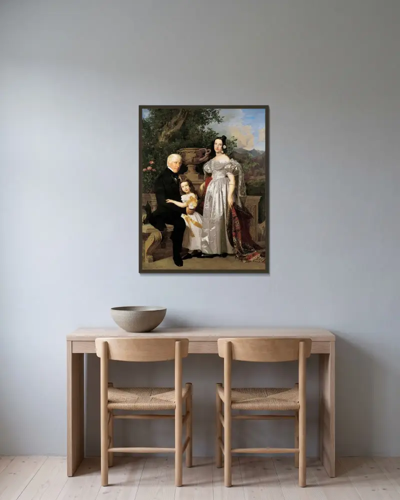 Der fürstlich Esterházy’sche Rat Mathias Kerzmann mit seiner zweiten Gattin Maria Helena, geb. Mikolischütz, und Tochter Maria av Ferdinand Georg Waldmüller inramad på en vägg