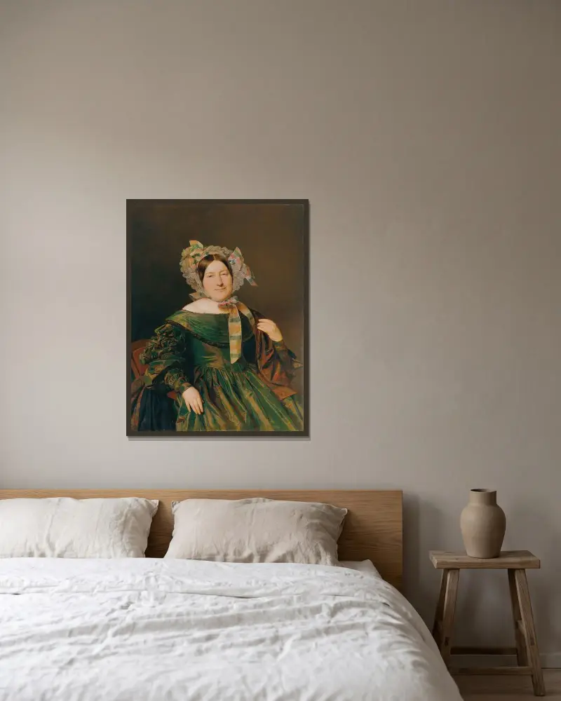 Kvinna i grön, laxrosa skiftande klänning av Ferdinand Georg Waldmüller inramad på en vägg
