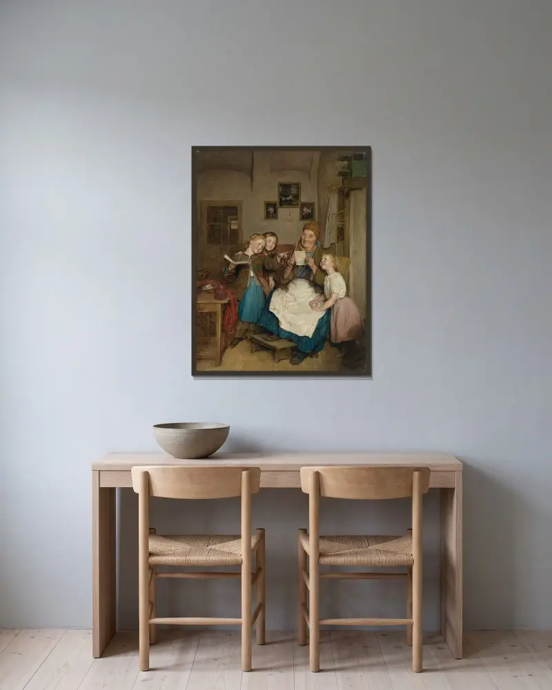 Mormor med tre barnbarn av Ferdinand Georg Waldmüller inramad på en vägg