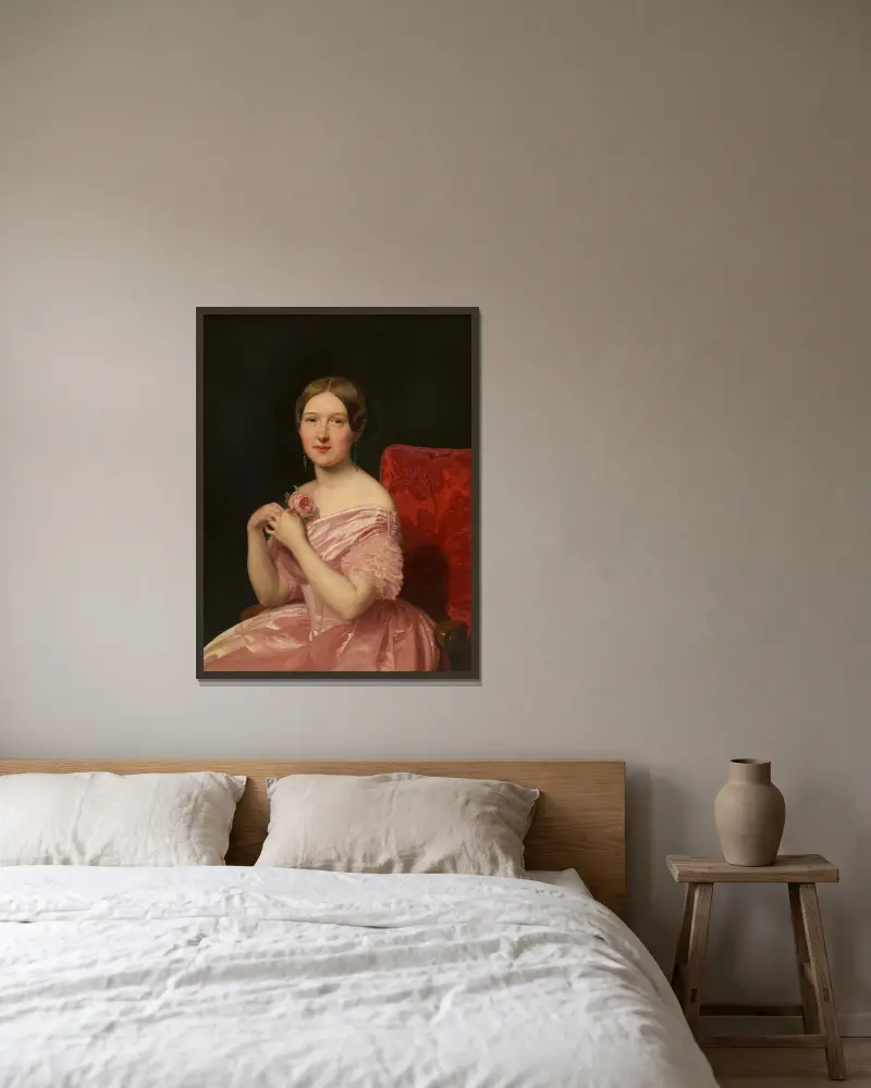 Junge Dame in rosafarbenem Atlaskleid av Ferdinand Georg Waldmüller inramad på en vägg