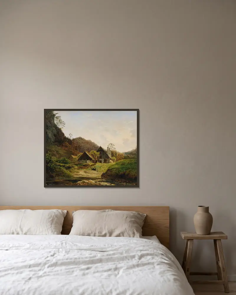 Landskap med hammarsmedja av Ferdinand Georg Waldmüller inramad på en vägg