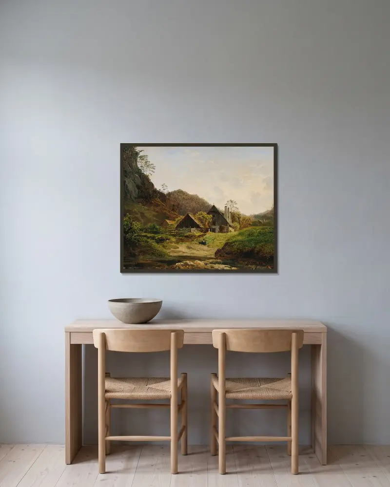 Landskap med hammarsmedja av Ferdinand Georg Waldmüller inramad på en vägg