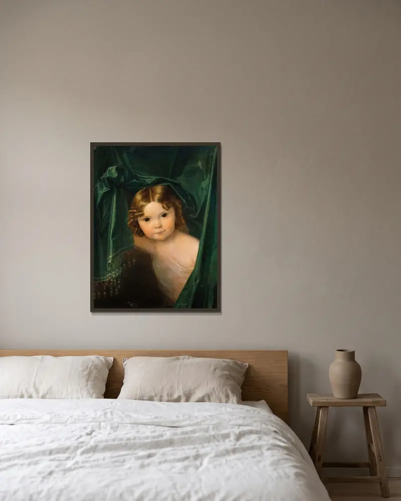 Flicka under grönt draperi av Ferdinand Georg Waldmüller inramad på en vägg