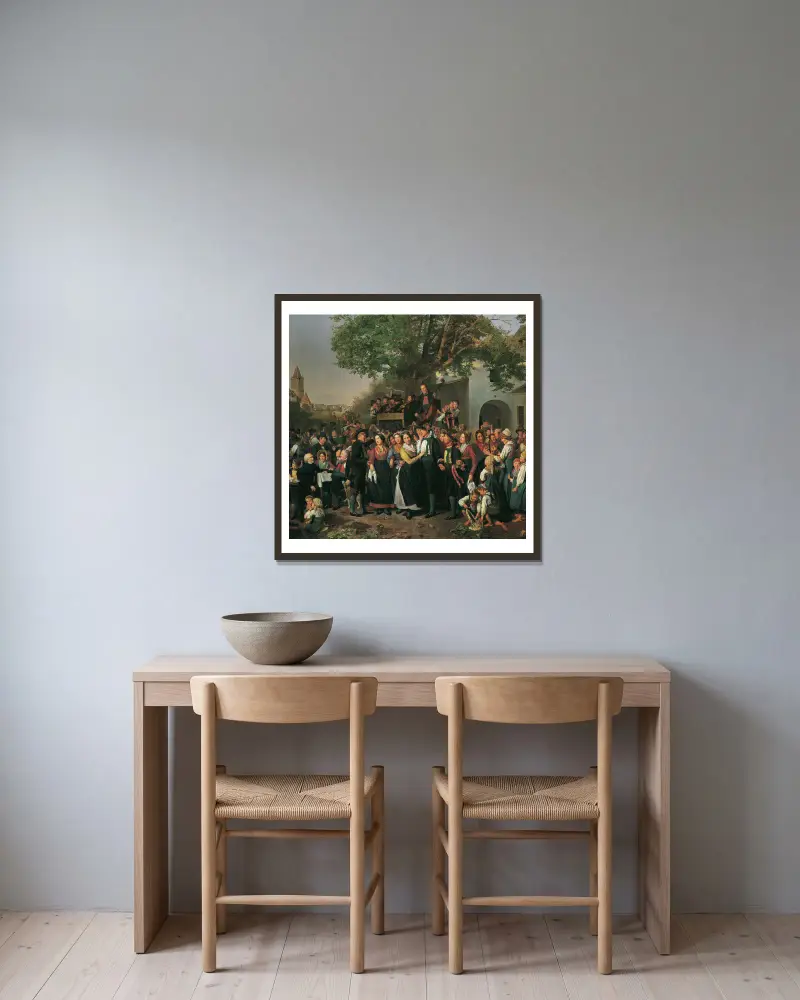 Niederösterreichische Bauernhochzeit von Ferdinand Georg Waldmüller gerahmt an einer Wand