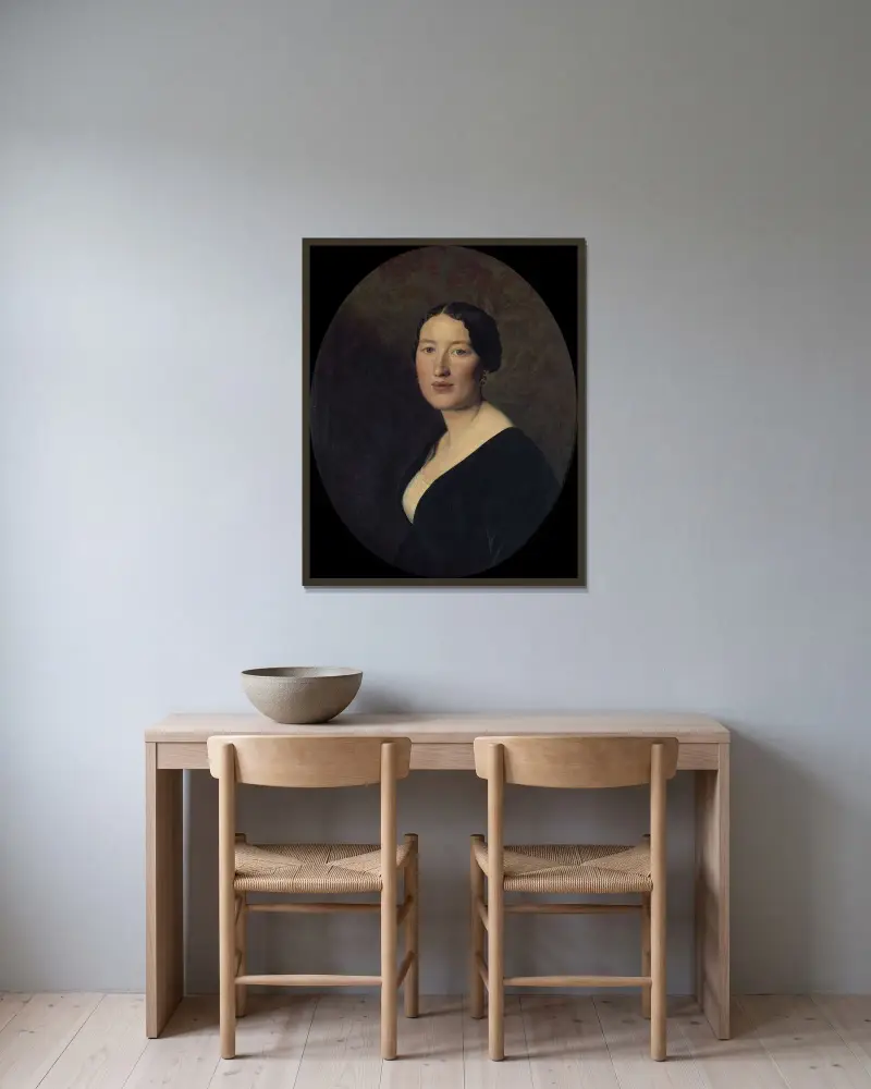 Porträtt av Madame Josef Bayer av Ferdinand Georg Waldmüller inramad på en vägg