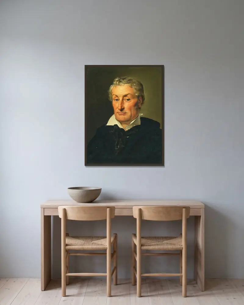Porträtt av en herre med vågigt vitt hår av Ferdinand Georg Waldmüller inramad på en vägg