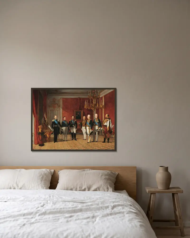 Mottagningen av storfurst Alexander Nikolajevitj hos furst Metternich i Hofburg i Wien 1839 av Ferdinand Georg Waldmüller inramad på en vägg