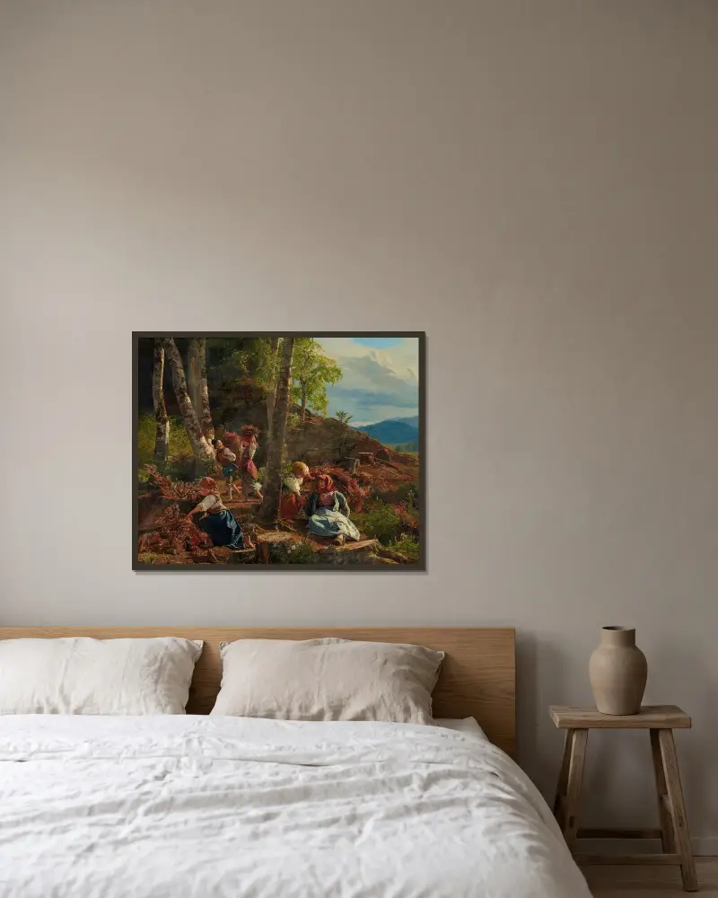 Svampplockare i Wienerwald av Ferdinand Georg Waldmüller inramad på en vägg