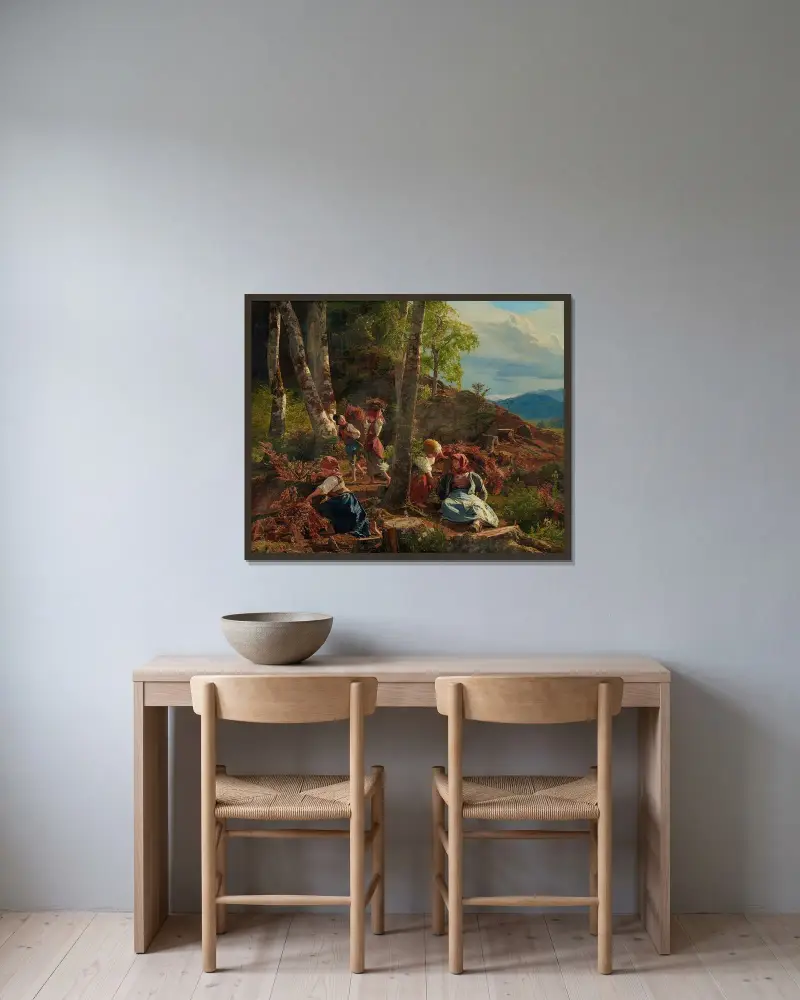 Svampplockare i Wienerwald av Ferdinand Georg Waldmüller inramad på en vägg