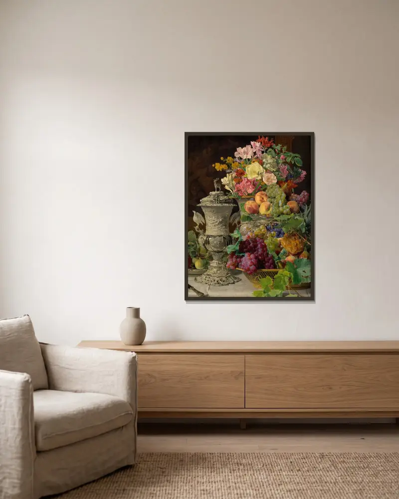 Stilleben med frukt, blommor och silverbägare av Ferdinand Georg Waldmüller inramad på en vägg
