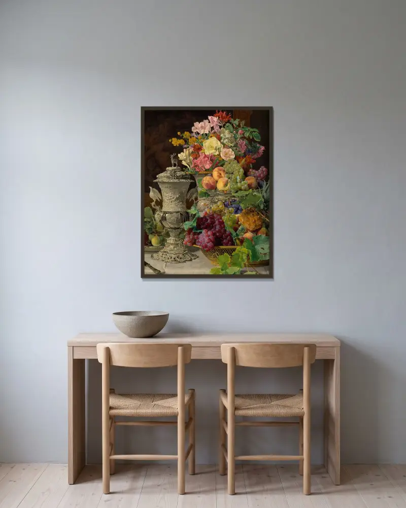 Stilleben med frukt, blommor och silverbägare av Ferdinand Georg Waldmüller inramad på en vägg