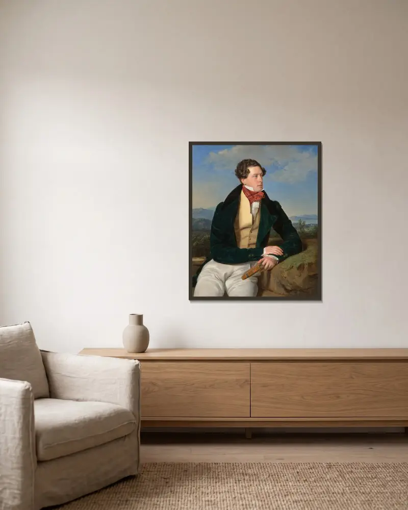 Skådespelaren Maximilian Korn i landskap av Ferdinand Georg Waldmüller inramad på en vägg