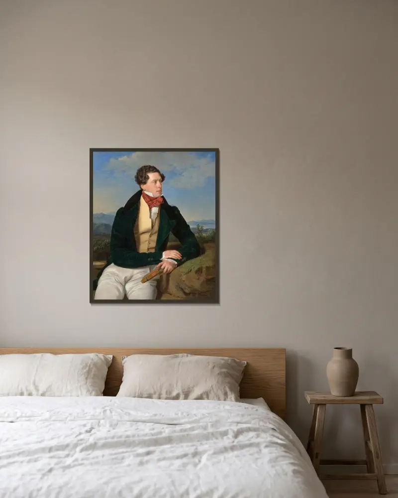 Skådespelaren Maximilian Korn i landskap av Ferdinand Georg Waldmüller inramad på en vägg