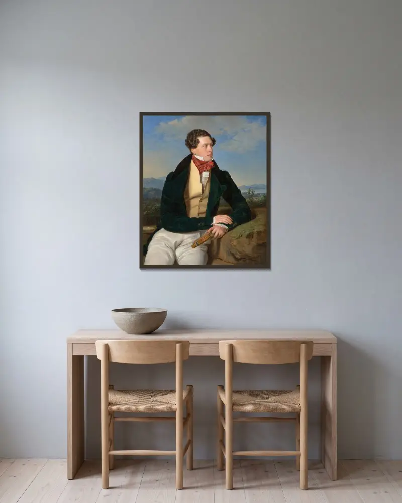 Skådespelaren Maximilian Korn i landskap av Ferdinand Georg Waldmüller inramad på en vägg