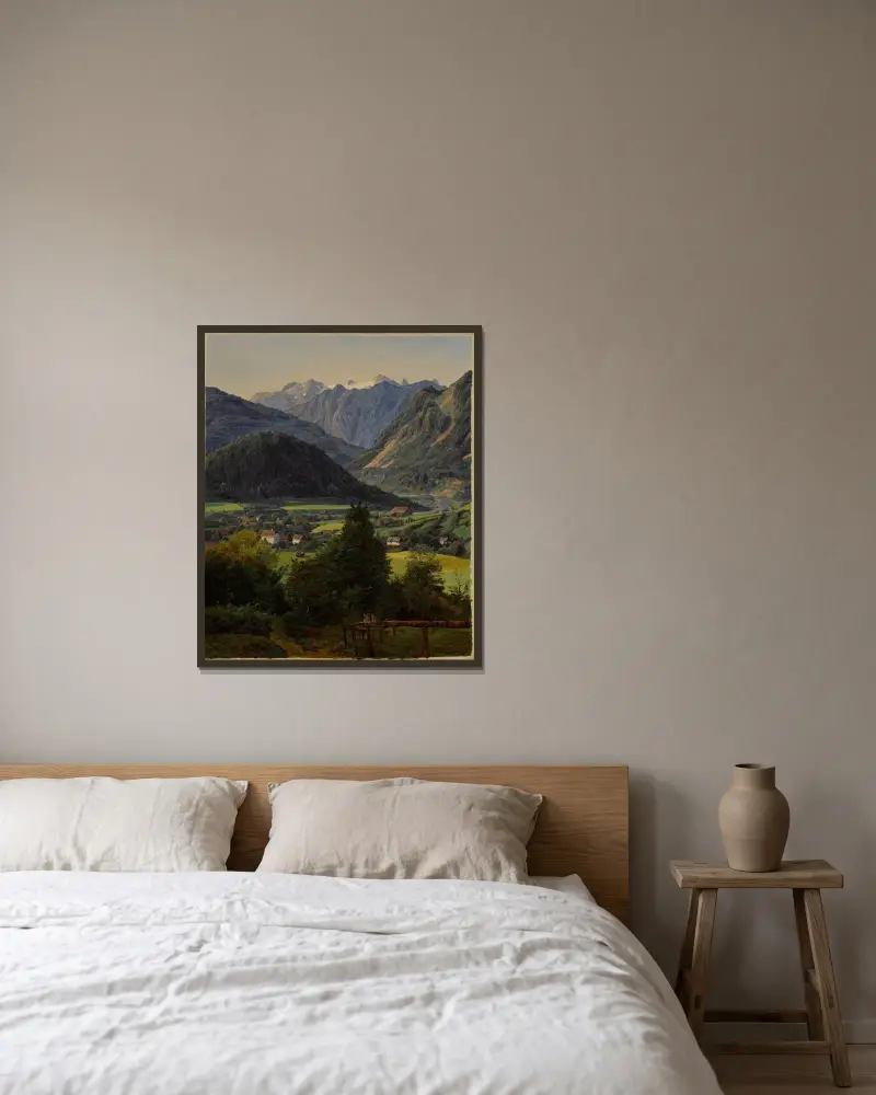 Dachstein sett från Sophienplatz av Ferdinand Georg Waldmüller inramad på en vägg