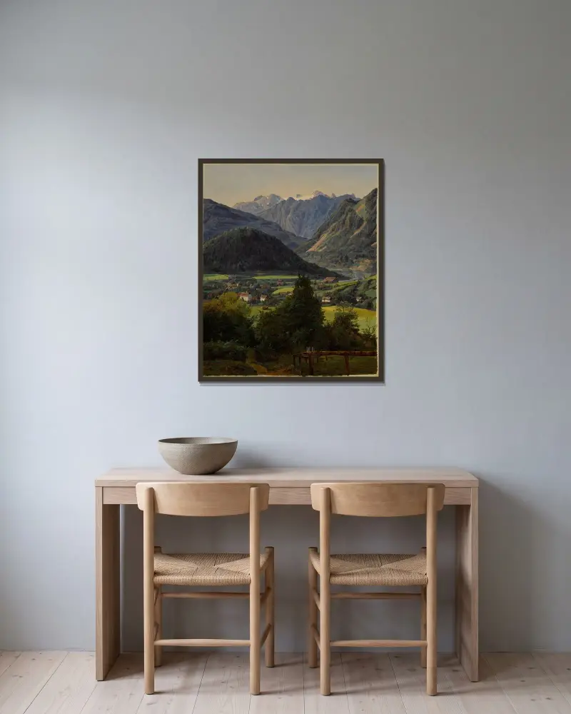 Dachstein sett från Sophienplatz av Ferdinand Georg Waldmüller inramad på en vägg