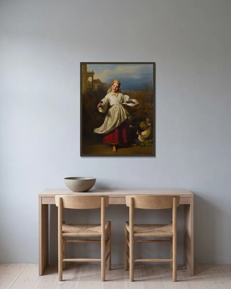 Blomsterförsäljerskan av Ferdinand Georg Waldmüller inramad på en vägg