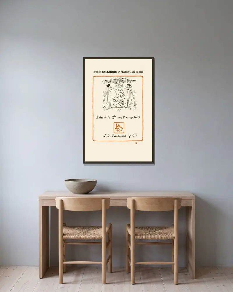 Andra boken om monogram, märken, sigill och exlibris, plansch 14 av George Auriol inramad på en vägg