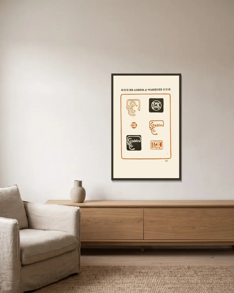 Andra boken om monogram, märken, sigill och exlibris, plansch 18 av George Auriol inramad på en vägg