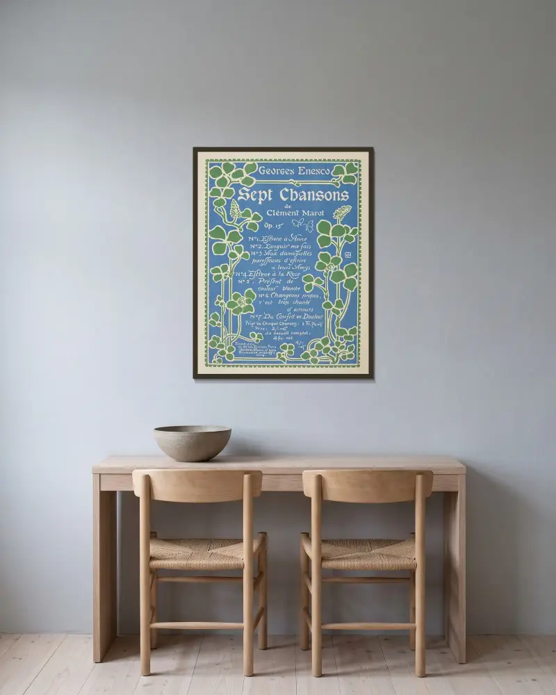 Sept chansons de Clément Marot av George Auriol inramad på en vägg