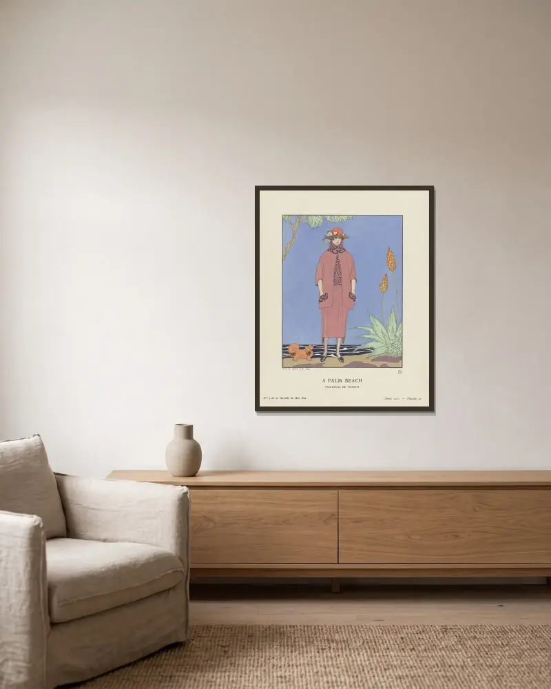 A palm beach Tailleur, de Worth av George Barbier inramad på en vägg