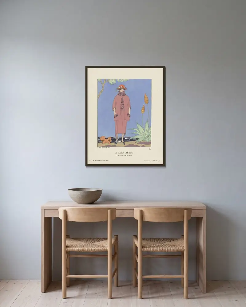 A palm beach Tailleur, de Worth av George Barbier inramad på en vägg