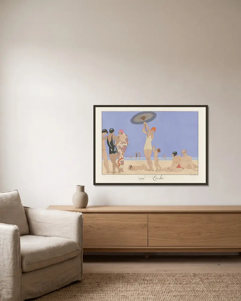 Au Lido von George Barbier gerahmt an einer Wand
