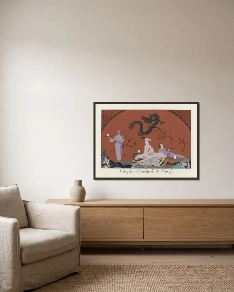 Hos vallmoförsäljaren av George Barbier inramad på en vägg