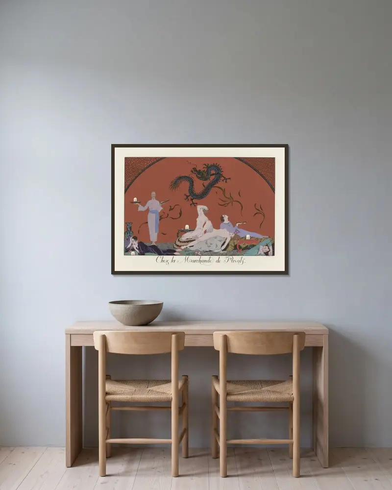 Hos vallmoförsäljaren av George Barbier inramad på en vägg