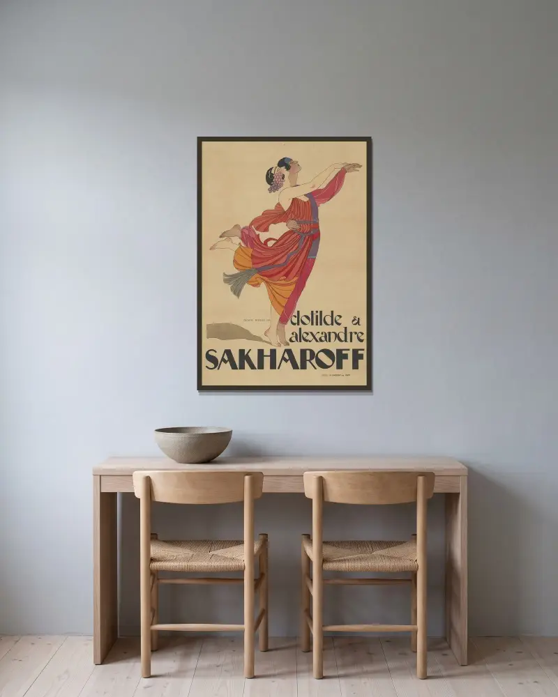 Clothilde et Alexandre Sakharoff av George Barbier inramad på en vägg