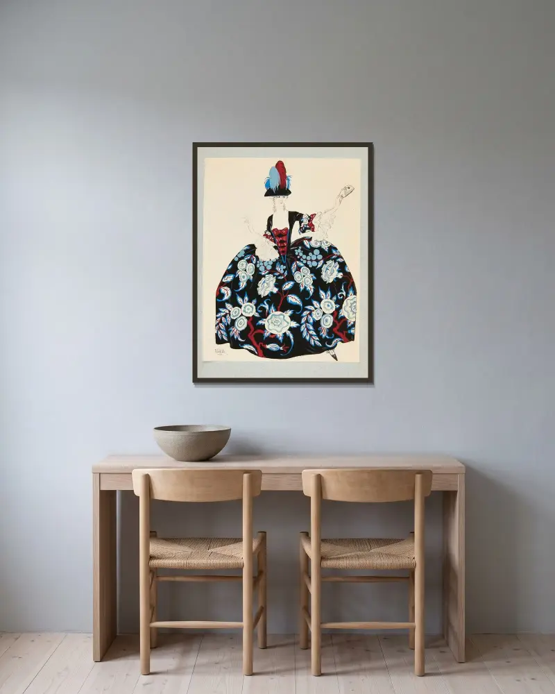 Teaterkostymer av George Barbier inramad på en vägg