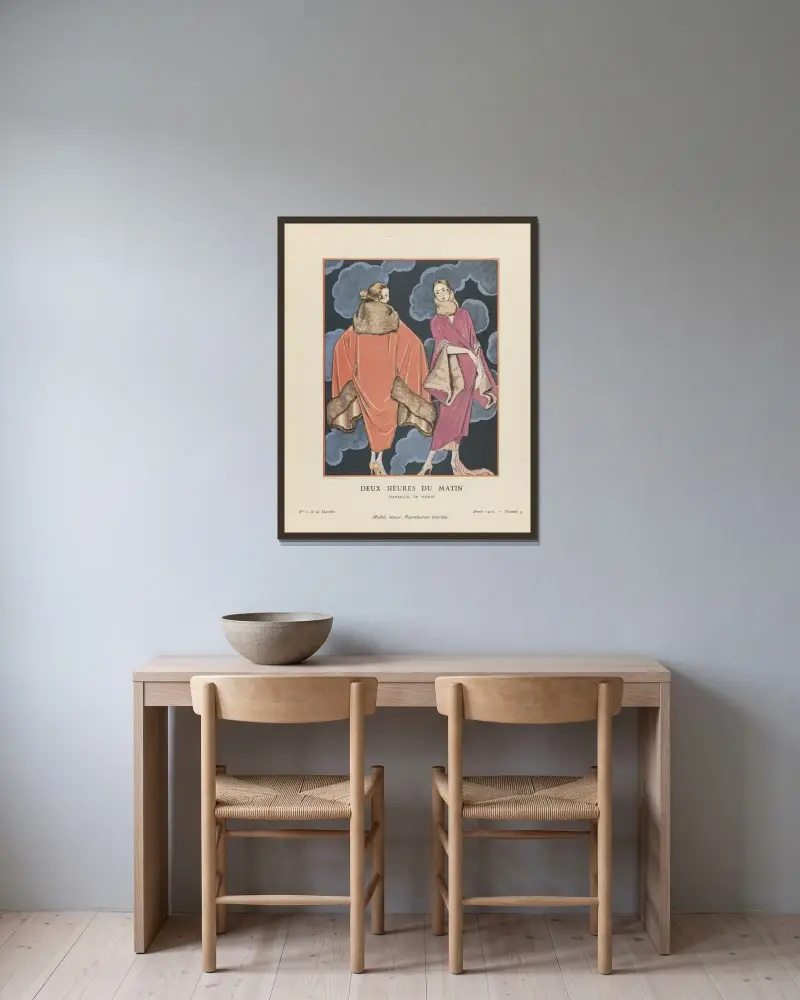 Två på morgonen, kappor av Worth av George Barbier inramad på en vägg