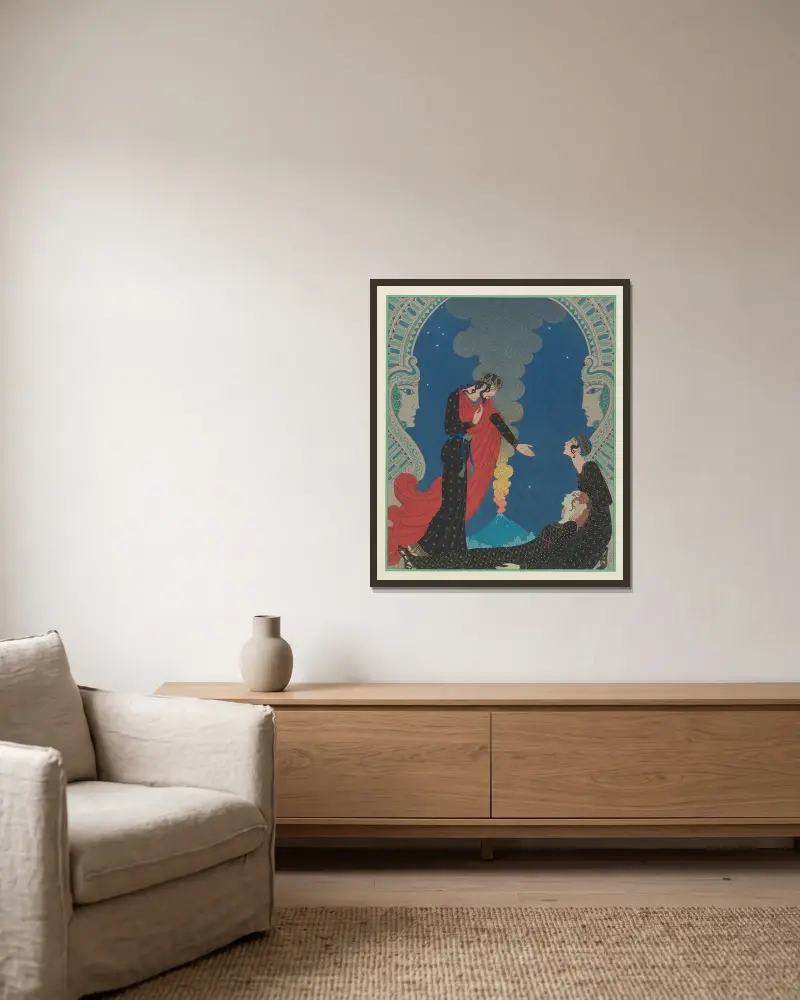 Empedokles och Panthea av George Barbier inramad på en vägg