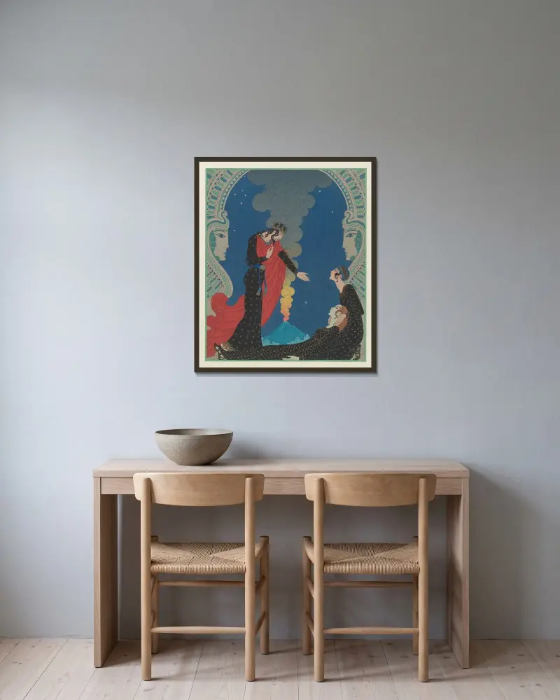Empedokles och Panthea av George Barbier inramad på en vägg