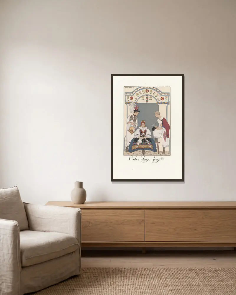 Zwischen zwei Feuern von George Barbier gerahmt an einer Wand