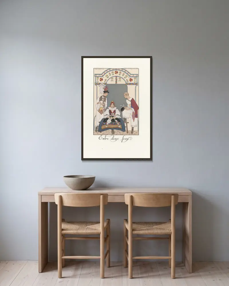 Zwischen zwei Feuern von George Barbier gerahmt an einer Wand