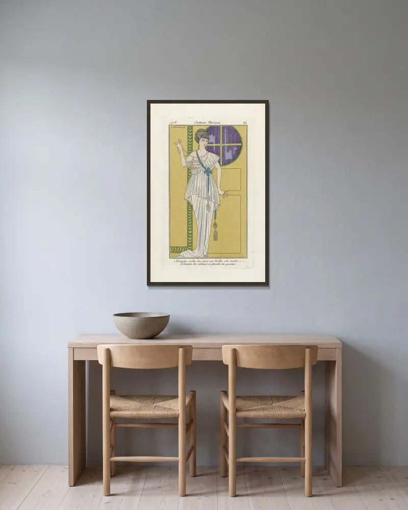 Stor aftonklänning i tyll och satin av George Barbier inramad på en vägg