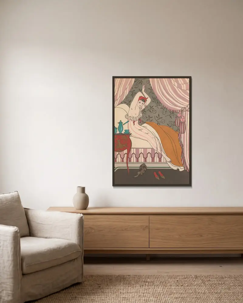 Den vackra morgonflickan av George Barbier inramad på en vägg