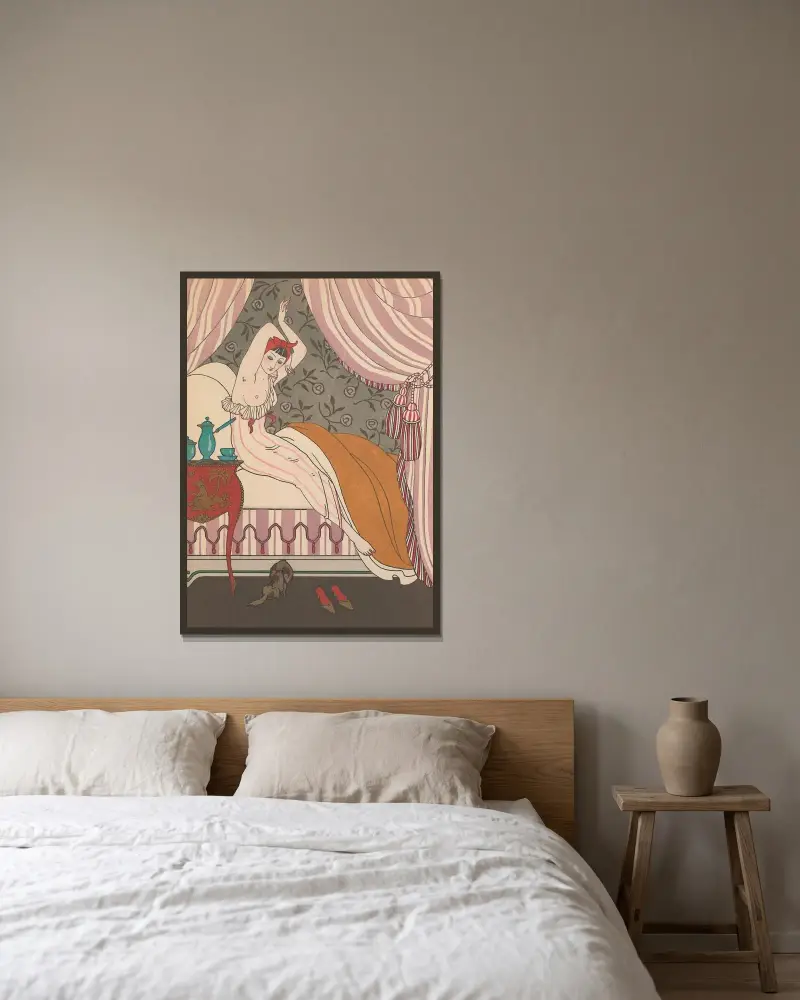 Den vackra morgonflickan av George Barbier inramad på en vägg