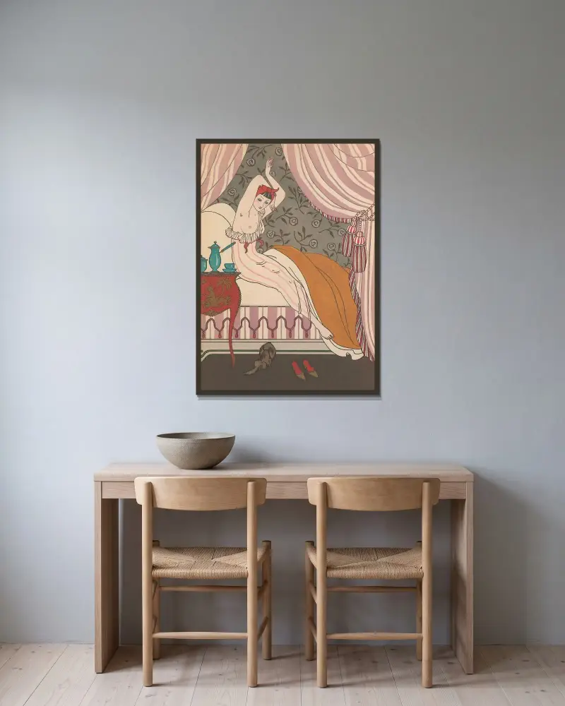 Den vackra morgonflickan av George Barbier inramad på en vägg