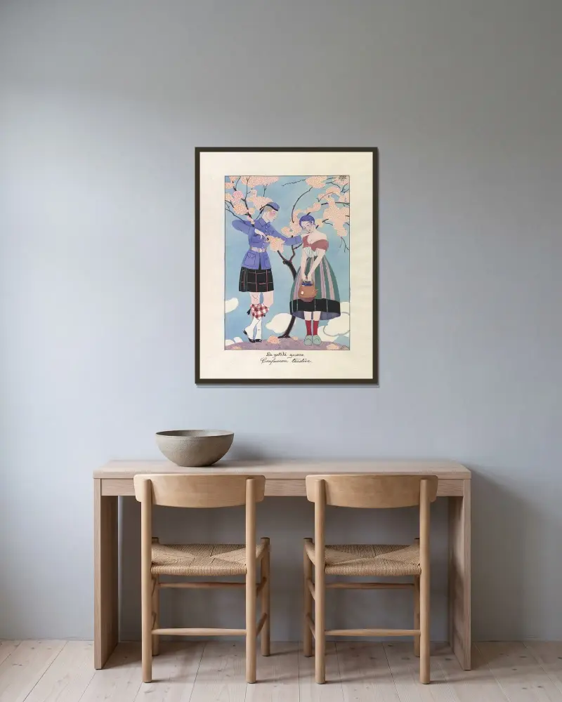 Det lilla kriget. Sen förvirring av George Barbier inramad på en vägg