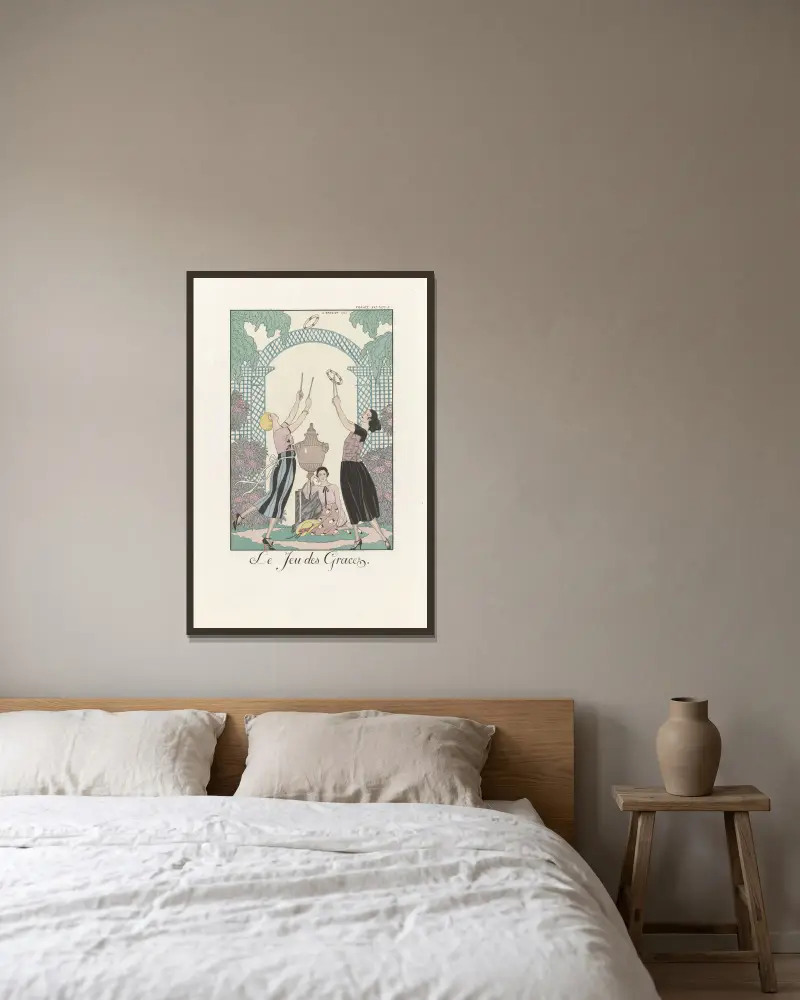 Das Spiel der Grazien von George Barbier gerahmt an einer Wand